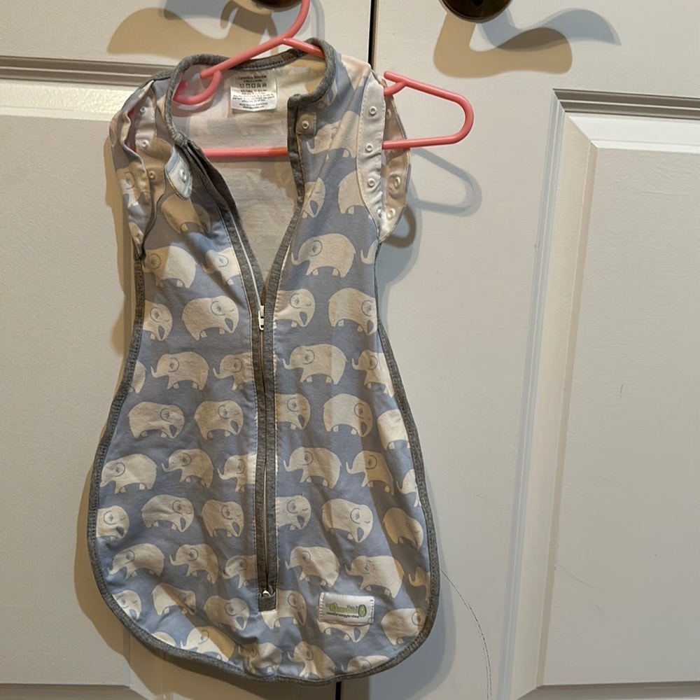Woombie sleeper white elephant swaddle snuggle sleep baby